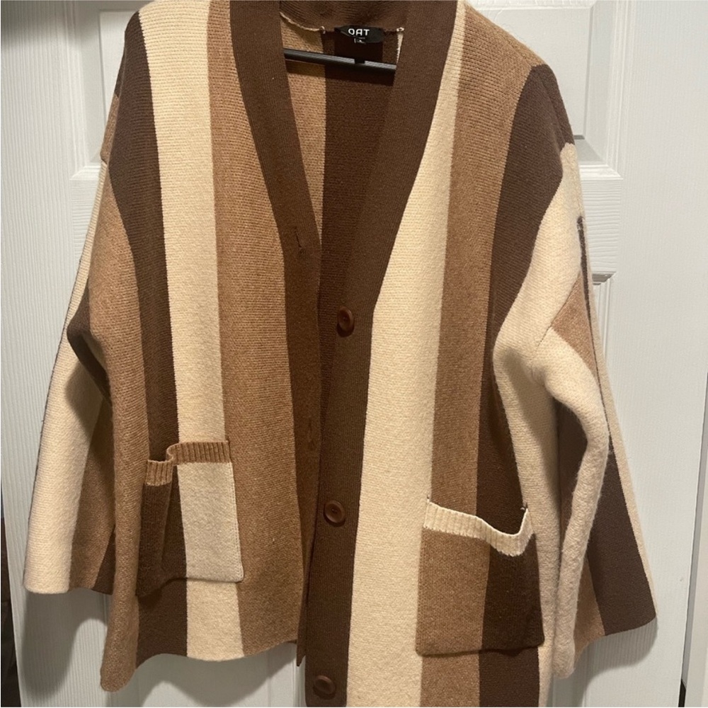 Oat NY EUC Striped Button-Front Cardigan in Cream and Brown SZ S oversized